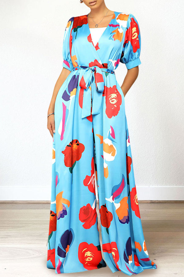 Stylish Multi Print Belted Jumpsuit Wathet blue