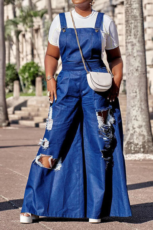 Stylish Ripped Wide Leg Denim Overall Blue