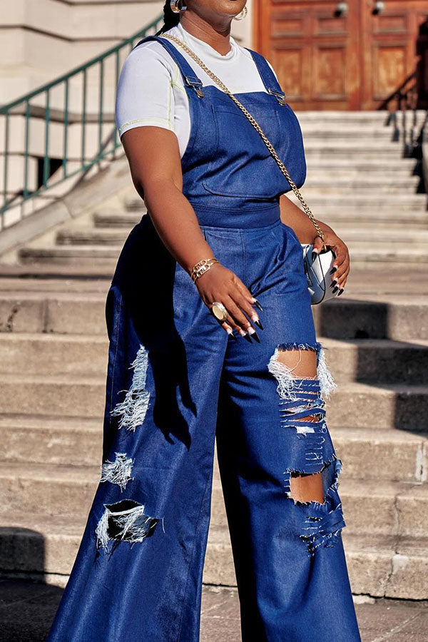 Stylish Ripped Wide Leg Denim Overall