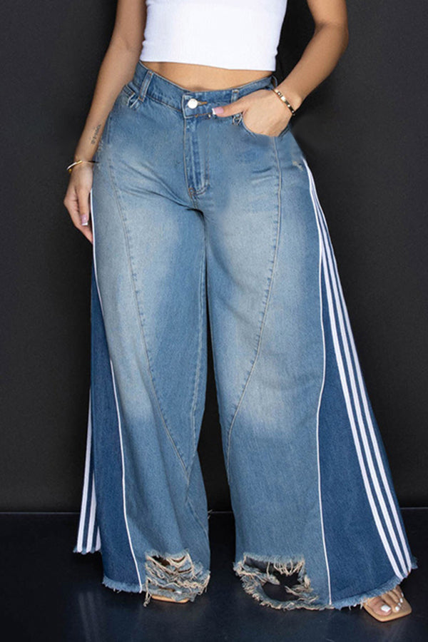 Two Tone Frayed Hem Wide Leg Jeans