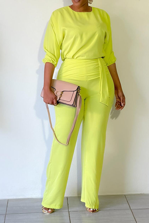 Casual Solid Color Top & Pants Set Yellow