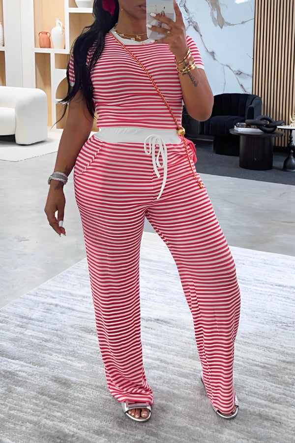 Striped Crop Tee & Drawstring Waist Pants Set Red