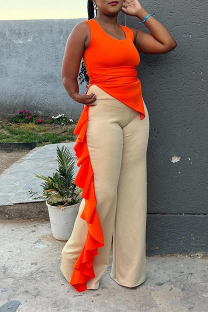 Asymmetrical Hem Belted Vest & Side Ruffle Pants Set Orange