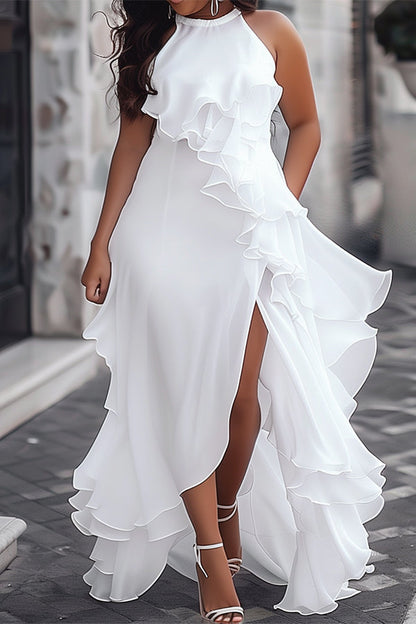 Stylish Halter Collar Split Ruffle Maxi Dress White