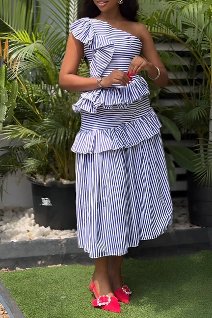 Stylish Striped Layered Ruffle Dress Wathet blue