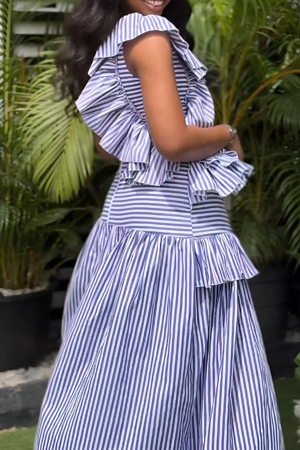 Stylish Striped Layered Ruffle Dress