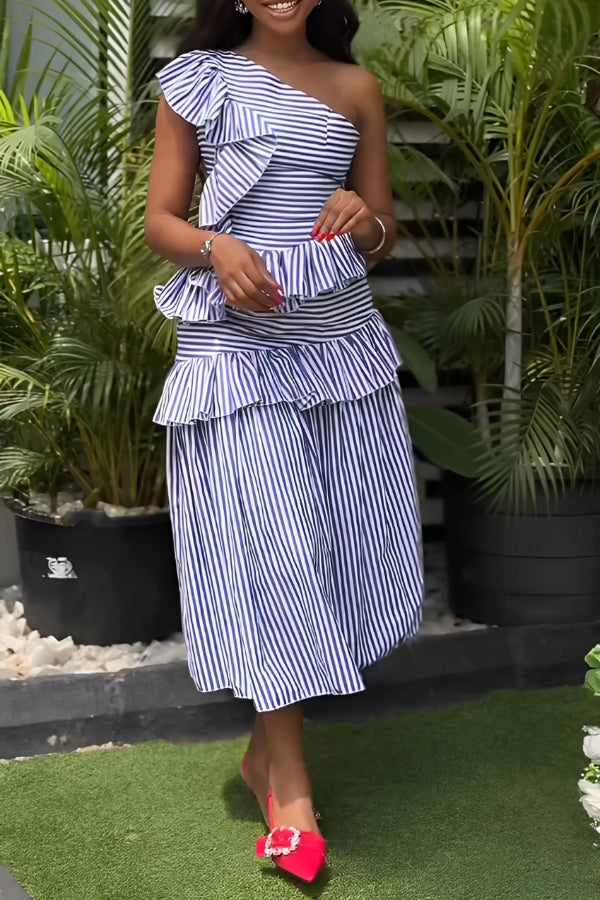 Stylish Striped Layered Ruffle Dress