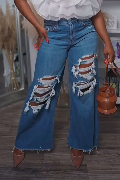 Chic Ripped Raw Trim Wide Leg Jeans