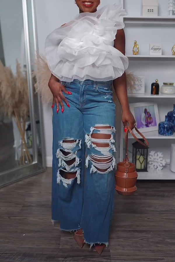 Chic Ripped Raw Trim Wide Leg Jeans