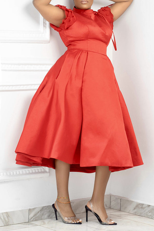 Ruffle Cap Sleeve Side Pocket A-line Dress Red