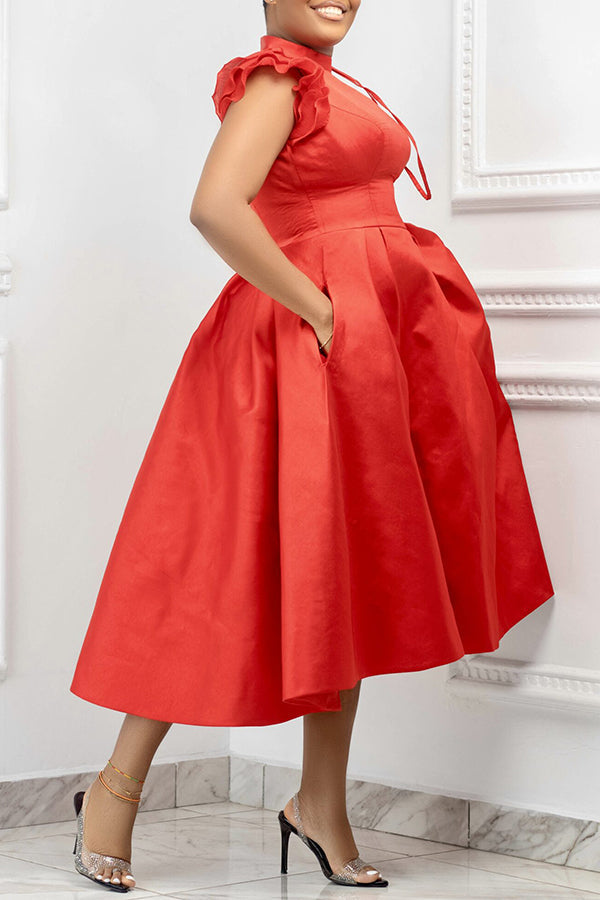 Ruffle Cap Sleeve Side Pocket A-line Dress