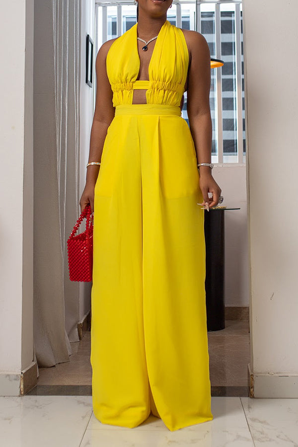 Charming Halter Backless Wide Leg Jumpsuit Yellow