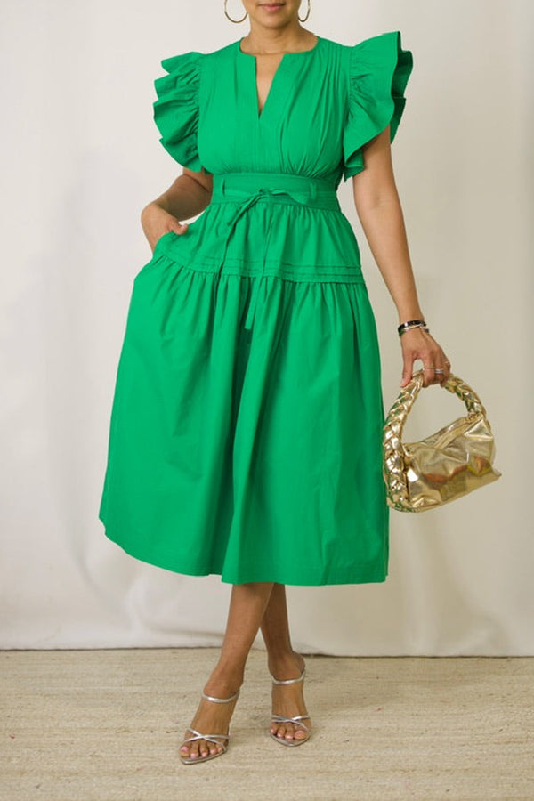 Beauty Butterfly Sleeve Notch Neck A-line Dress Green