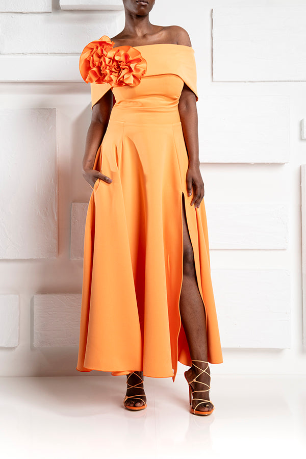 Elegant Off Shoulder Flare Dress Orange