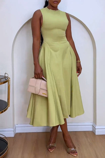 Elegant Solid Pleated Midi Dress Green