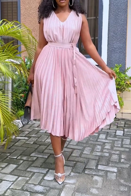 Fashion Pleated Asymmetrical Hem Dress Pink