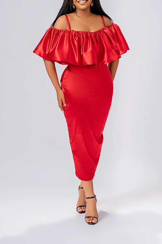 Stylish Cold Shoulder Ruffle Hem Dress Red