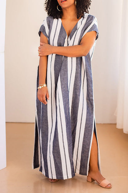 Casual Striped Side Seam Slit Dress