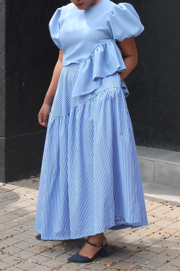 Chic Puff Sleeve Asymmetrical Hem Top & Striped Skirt Set