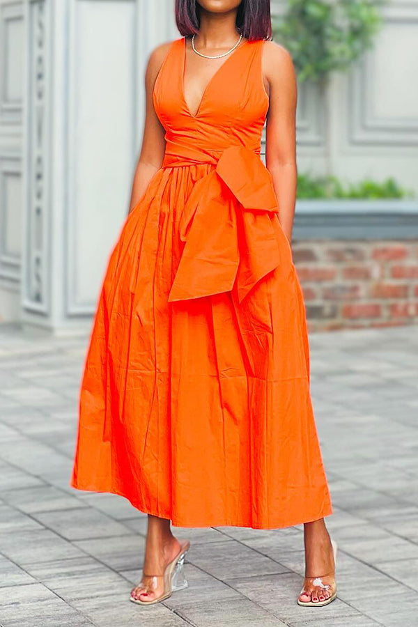 Charming Sleeveless V Neck Belted Dress