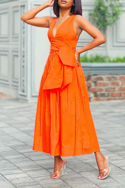 Charming Sleeveless V Neck Belted Dress