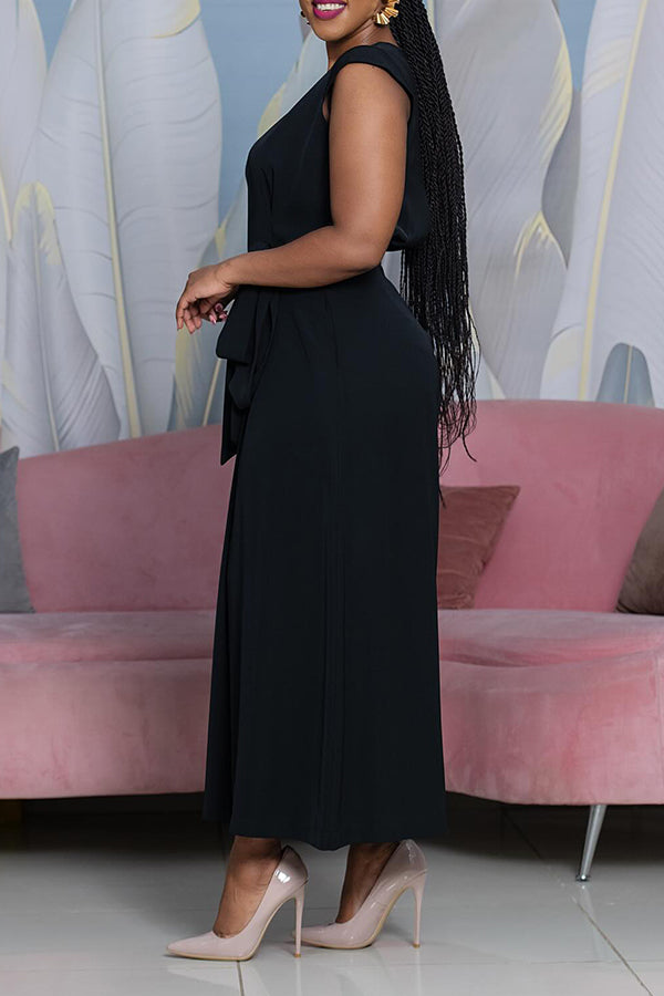 Elegant V-Neck Belted Wide Leg Jumpsuit