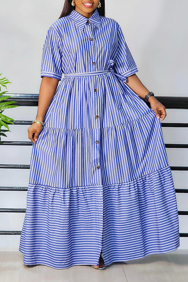 Striped Half Sleeve Button Down Shirt Dress