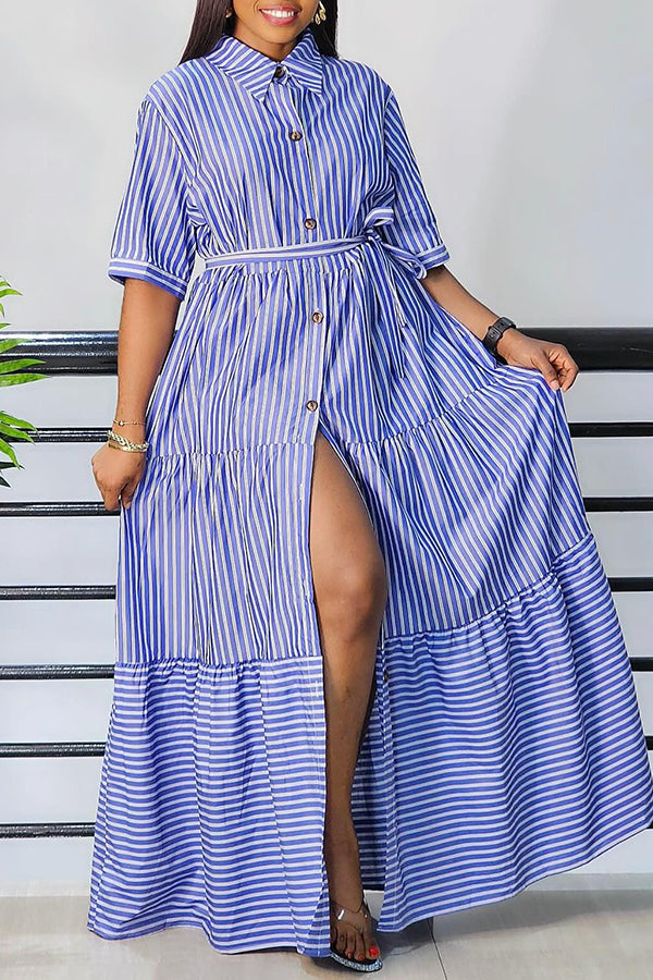 Striped Half Sleeve Button Down Shirt Dress