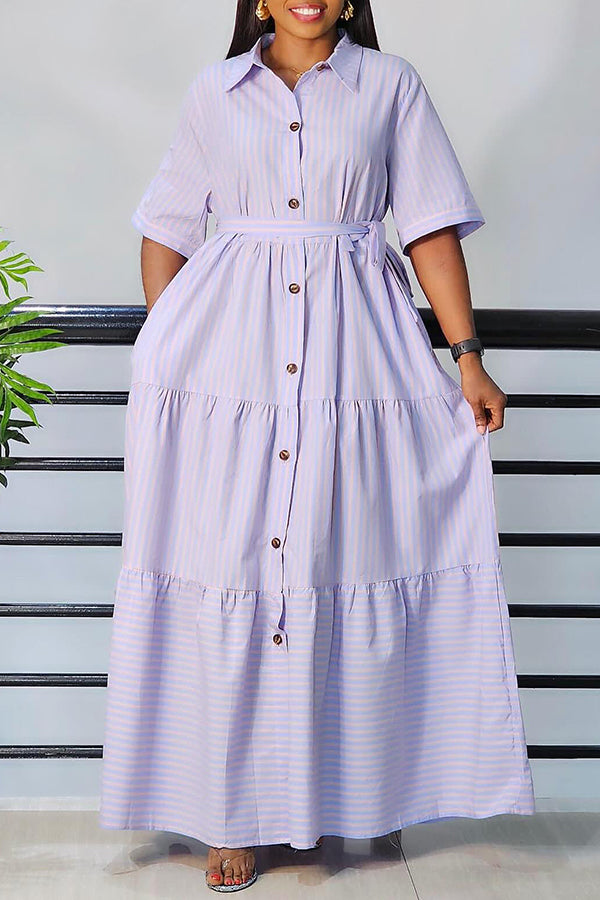 Striped Half Sleeve Button Down Shirt Dress