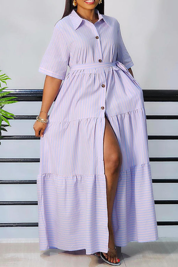 Striped Half Sleeve Button Down Shirt Dress