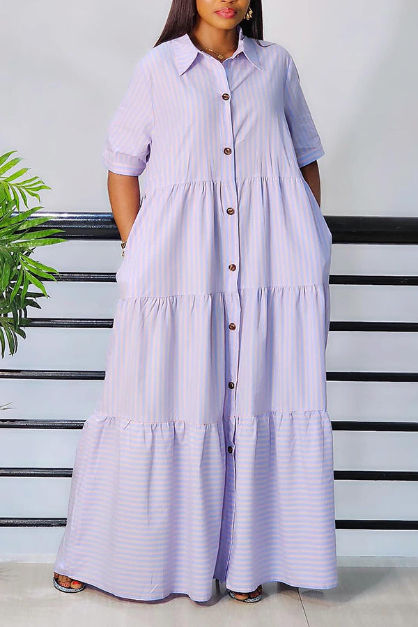 Striped Half Sleeve Button Down Shirt Dress