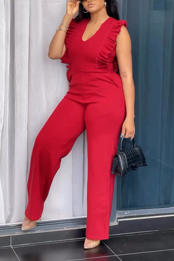 Stylish U Collar Sides Ruffle Jumpsuit