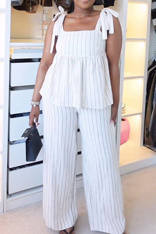 Stylish Striped Tie Shoulder Top & Pants Set