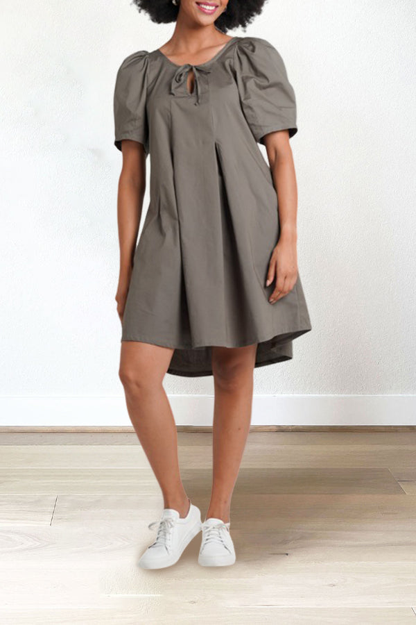 Puff Sleeve Tie Neck Side Pocket Dress