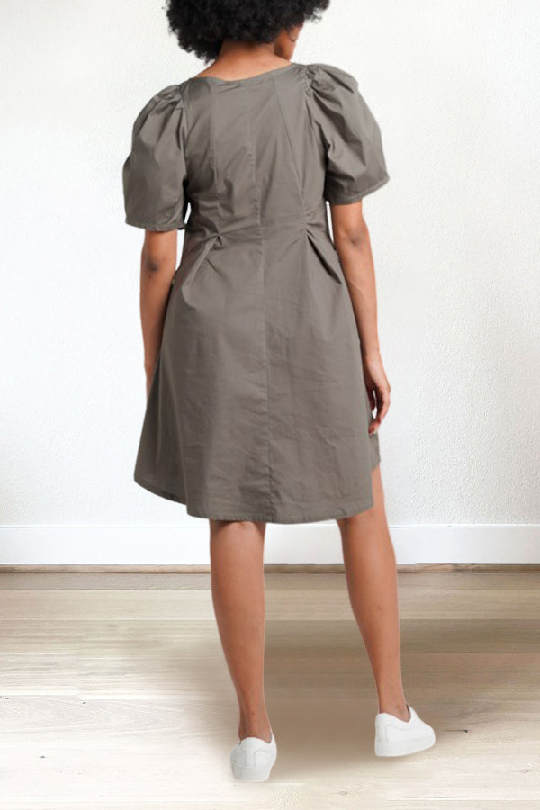 Puff Sleeve Tie Neck Side Pocket Dress