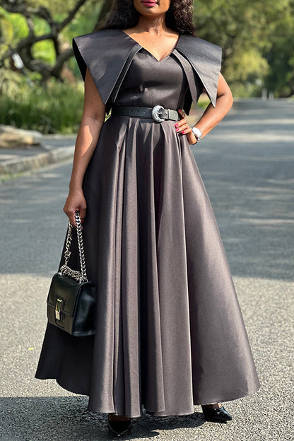 Unique Shoulder V Neck A-line Maxi Dress