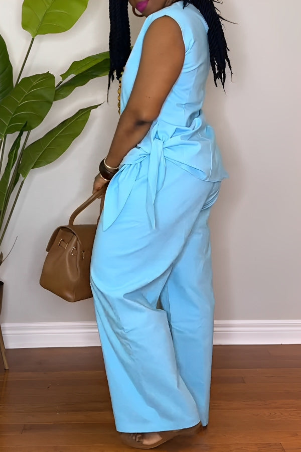 Solid Side Knotted Top & Wide Leg Pants Set