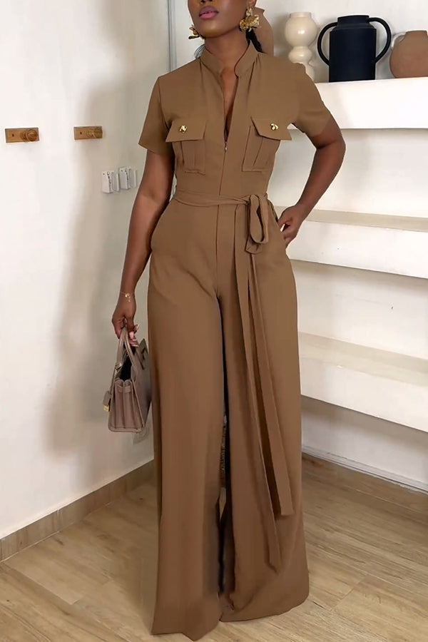 Stylish Belted Flap Pocket Jumpsuit