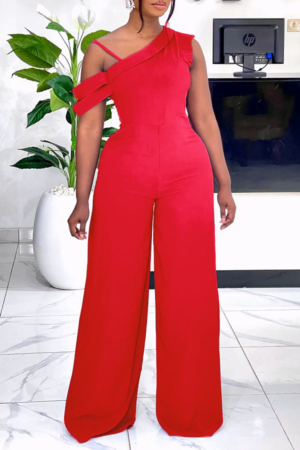 Stylish Oblique Shoulder Wide Leg Jumpsuit