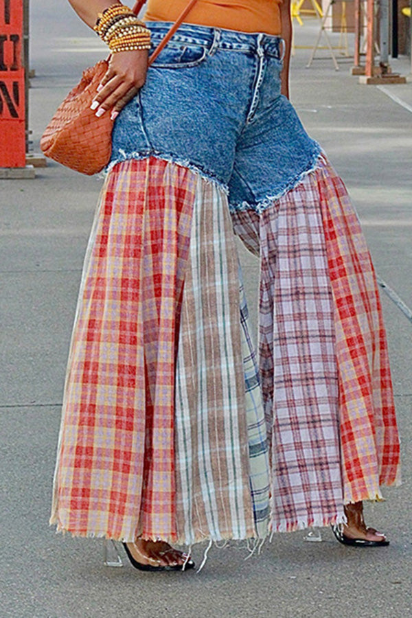 Unique Multicolor Plaid Panel Wide Leg Jeans