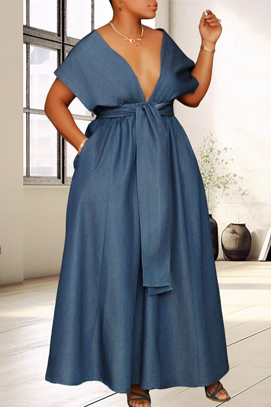 Casual Belted Denim Wide Leg Jumpsuit