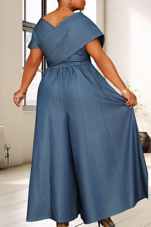 Casual Belted Denim Wide Leg Jumpsuit