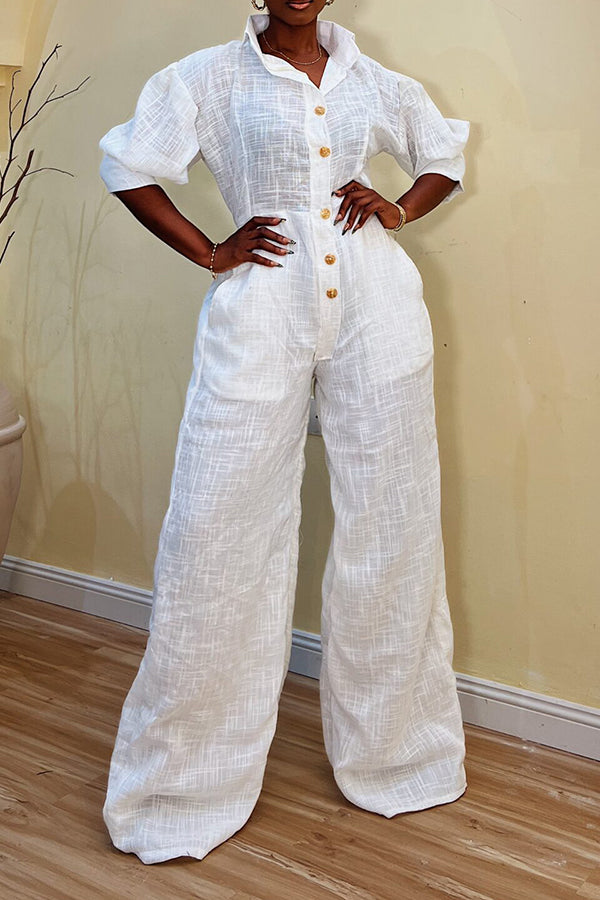 Stylish Puff Sleeve Button Up Jumpsuit