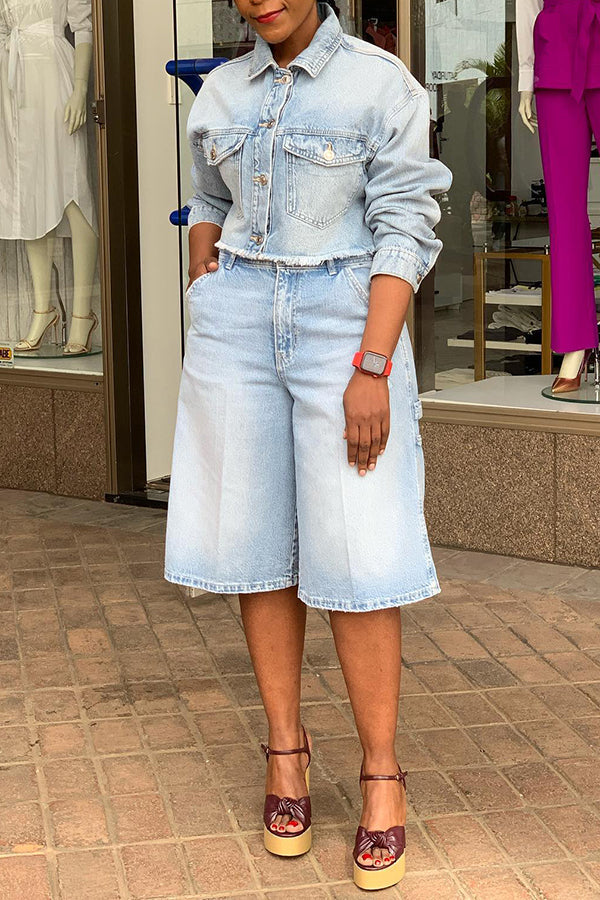 Casual Denim Light Washed Top & Shorts Set