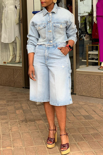 Casual Denim Light Washed Top & Shorts Set