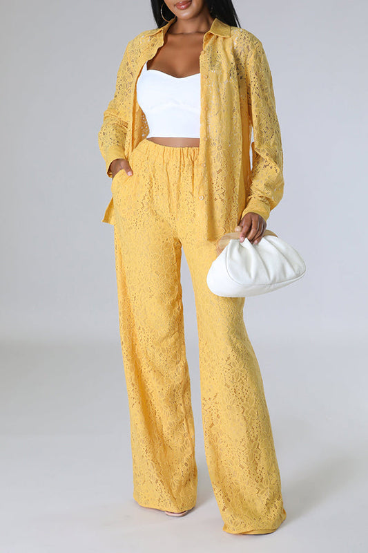 Lace Button Up Shirt & Elastic Waist Pants Set