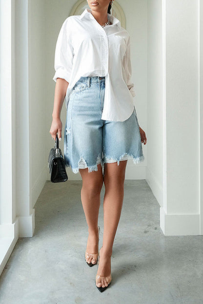 Distressed Raw Trim Denim Bermuda Shorts