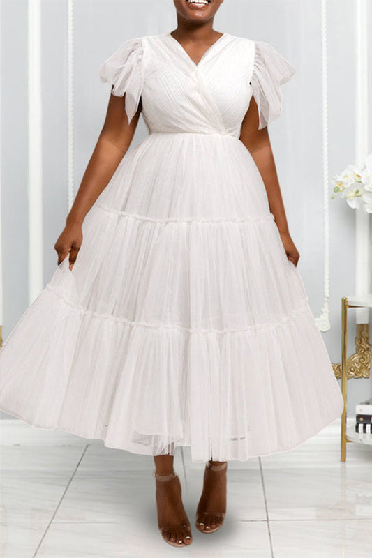 Elegant Tulle Flutter Sleeve Tiered Bridal Dress