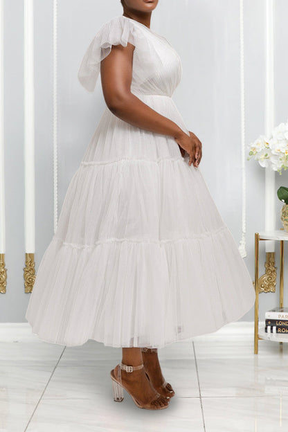 Elegant Tulle Flutter Sleeve Tiered Bridal Dress