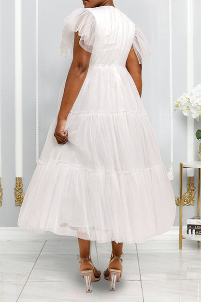 Elegant Tulle Flutter Sleeve Tiered Bridal Dress